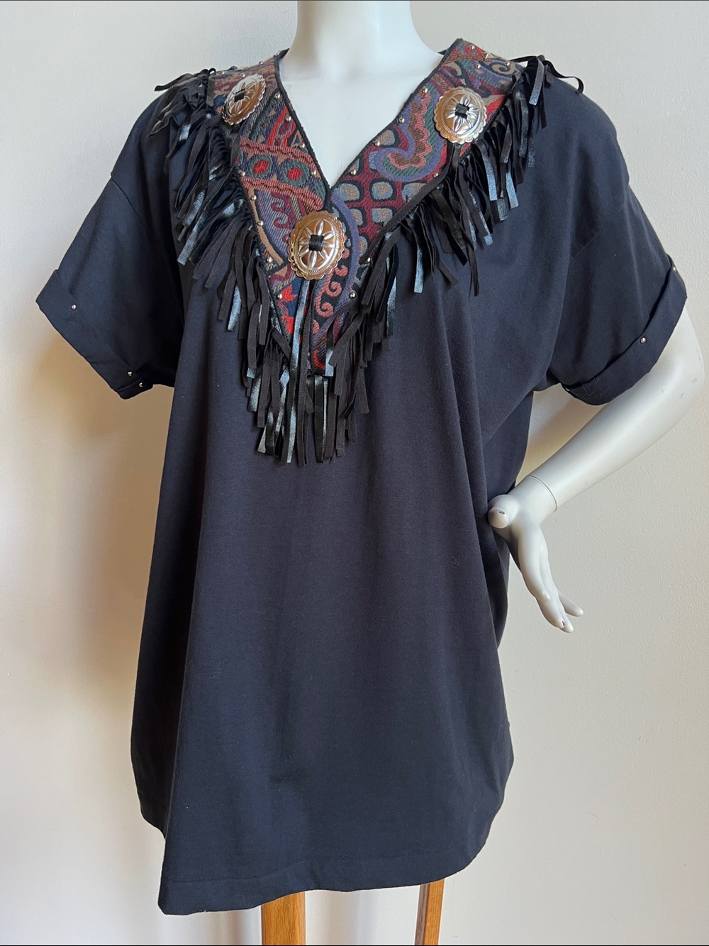Vintage Southwestern Fringed embellished V‑Neck Tee with tapestry & metal